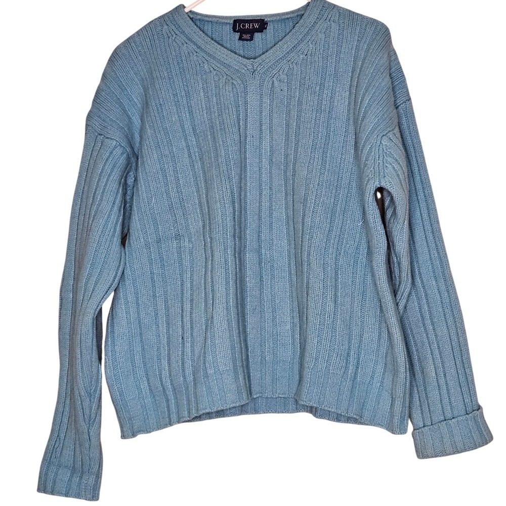 J.Crew Women's XL Blue Wool‎ V-Neck Ribbed Knit Pullover Sweater Classic Neutral